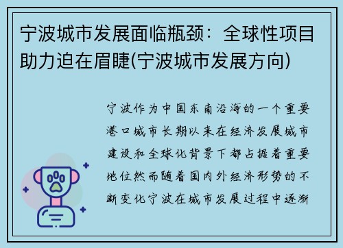 宁波城市发展面临瓶颈：全球性项目助力迫在眉睫(宁波城市发展方向)