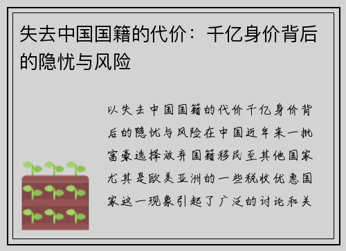 失去中国国籍的代价：千亿身价背后的隐忧与风险