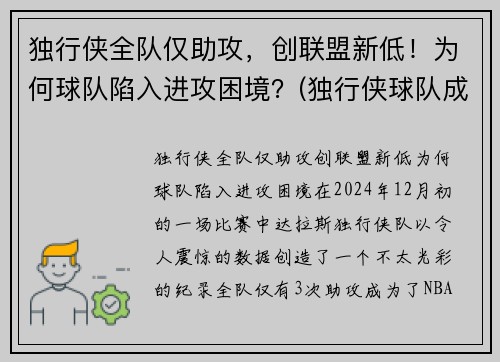 独行侠全队仅助攻，创联盟新低！为何球队陷入进攻困境？(独行侠球队成员)