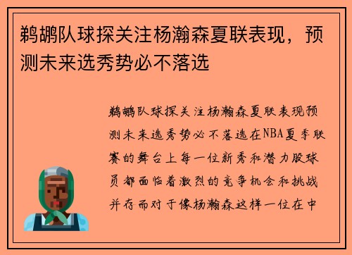 鹈鹕队球探关注杨瀚森夏联表现，预测未来选秀势必不落选