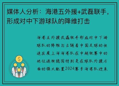 媒体人分析：海港五外援+武磊联手，形成对中下游球队的降维打击