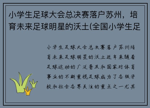 小学生足球大会总决赛落户苏州，培育未来足球明星的沃土(全国小学生足球大会)
