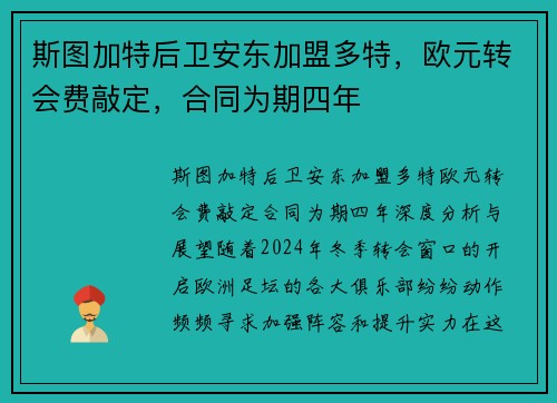 斯图加特后卫安东加盟多特，欧元转会费敲定，合同为期四年