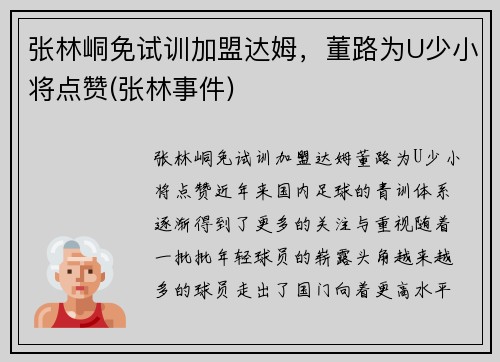张林峒免试训加盟达姆，董路为U少小将点赞(张林事件)