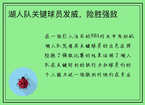 湖人队关键球员发威，险胜强敌